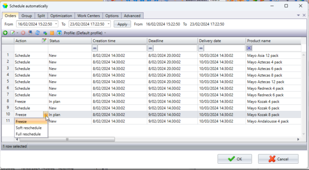 Screenshot of rescheduling possibilities in the APS of Momentum