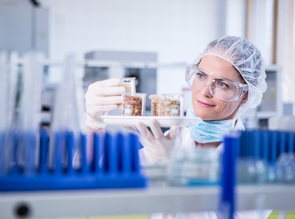Scientist in lab examining samples